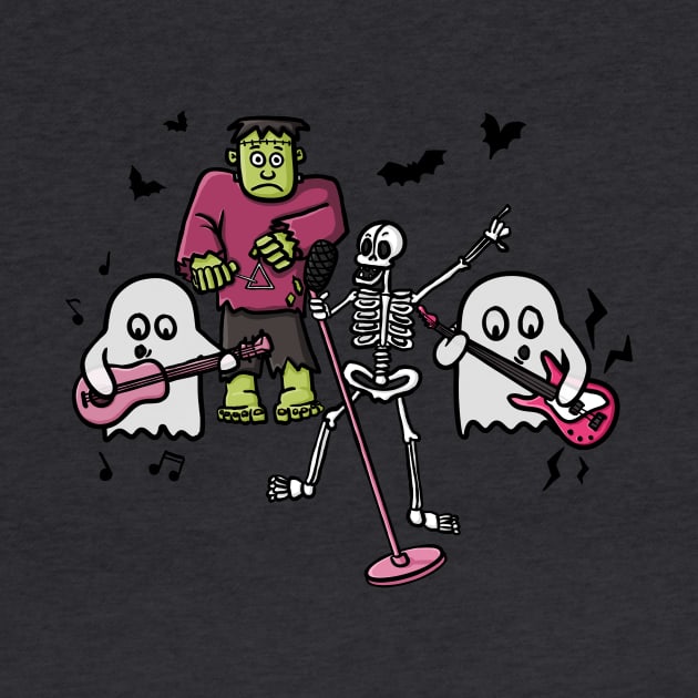 Halloween Band, Skeleton, Frankenstein, Ghosts, Music Cute Funny Digital Illustration by AlmightyClaire